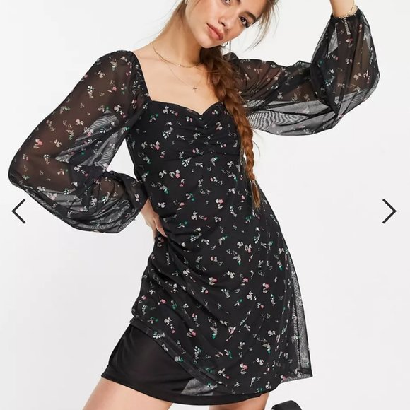 Floral Long Sleeve Mesh Mini Dress w/ Ruched Front - Picture 7 of 9